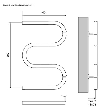 полотенцесушитель MELODIA Simple М-образный б/кронштейна 60х40х1" MTRSP6040 - №1