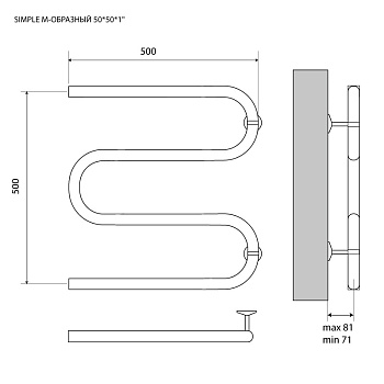 полотенцесушитель MELODIA Simple М-образный б/кронштейна 50х50х1" MTRSP5050 - №1