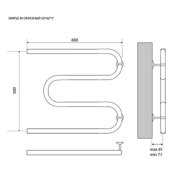 полотенцесушитель MELODIA Simple М-образный б/кронштейна 50х60х1" MTRSP5060 - №1