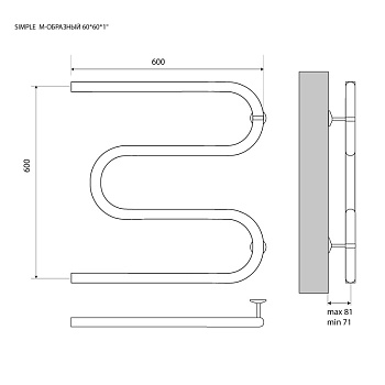 полотенцесушитель MELODIA Simple М-образный б/кронштейна 60х60х1" MTRSP6060 - №1
